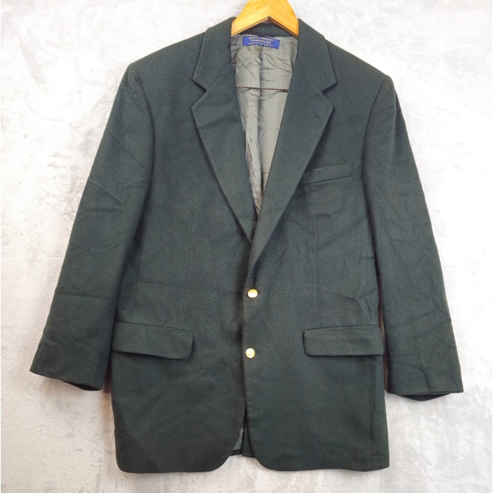 Vintage Brooks Brothers 100% Cashmere Blazer Dark Green Gold Logo Button USA 42R